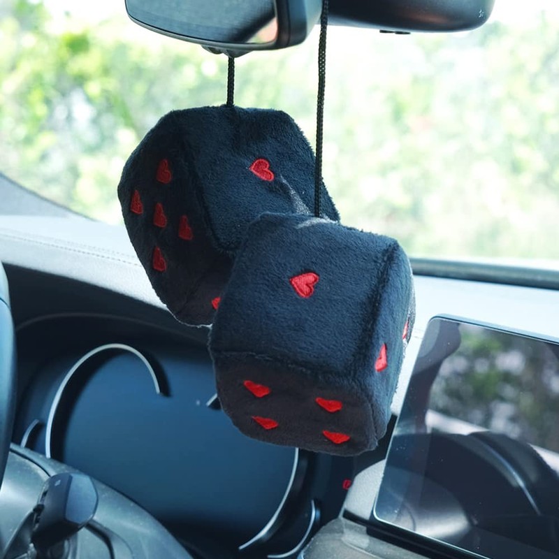 Pair 3” Fuzzy Plush Dice Heart Shape Decor for Car