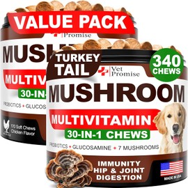 Paquete de 2 hongos de cola de pavo para perros, 340 masticables, suplemento de hongos para perros, melena de león, reishi, vitaminas multivitamínicas de apoyo inmunológico, salud de las articulaciones, energía, intestino, piel, fabricado en Estados Unidos