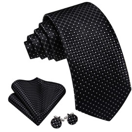 YOHOWA Black Tie with Tie Clip for Men Plaid Silk Necktie Pocket Square Cufflinks Set Formal Business Wedding Party