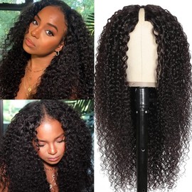 V Part Wig Human Hair Upgrade U Part Wig Human Hair for Women 150% Density Curly V Part Wig Kinky Curly Thin Part V Shape Wig No Glue No Sew Clip In Half Wig Natural Black Color 18 Inch