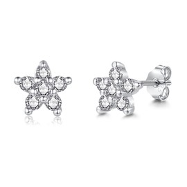 Loutade 925 Sterling Silver Stud Earrings for Women Girls, Dainty 5mm Flower Cubic Zircon Silver Studs Earrings, Minimalist Small Cartilage Sleeper Stud Earrings Tragus Piercing Earrings for Her