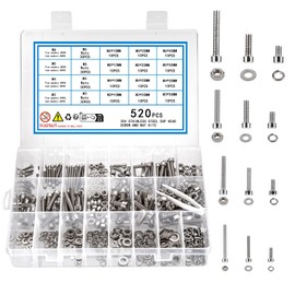 KOXXIAMOQ 520 Piece Screw Set, M3 M4 M5 M6 Cylinder Screws with Hexagon Socket Screw with Nuts and Washers, Stainless Steel Threaded Screws Assortment Set (520)