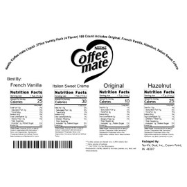Nestle Coffee mate Liquid .375oz Variety Pack (4 Flavor) 100 Count includes Original, French Vanilla, Hazelnut, Italian Sweet Crème