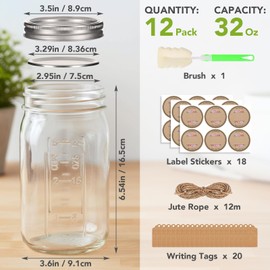 Yokodaza 32 oz Wide Mouth Mason Jars with Airtight Lids and Bands, 12 Pack Quart Glass Canning Jars for Pickling, Meal Prep, Overnight Oats, Storage & DIY Crafts