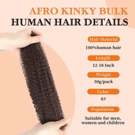 Yacurcur 4C Afro Kinky for Loc Repair,Twist Braiding,Dreadlocks Extensions, No Short Hair Afro Kinkys Bulk Human Hair 50g/Pack 4#(14 Inch)