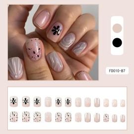 Press on Nails Square Short Length Acrylic Glossy Full Cover Square False Nails with Floral Shell Designs Artificial Extra Short Square Fake Nails Glue Stick ons Fingernails for Women Girls