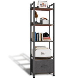 Whitmor 5-Tier Bookshelf with Drawer, Modern Display Bookcase with Wood Shelves & Metal Frame, Narrow Standing Storage Organizer for Living Room, Bedroom, Home Office, Black