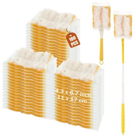 100 PCS Orange Heavy Duty Duster Refills for Swiffer Dusters Refill 180 Degree Extendable Duster With Adjustable Handle Disposable Dusters for Cleaning Blinds,Ceiling Fans(100 Count+ 2 Handle)