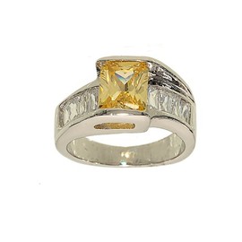 Glamour Rings Contemporary Emerald Cut Canary Yellow Cubic Zirconia Channel Set Ring in Silvertone Size 6