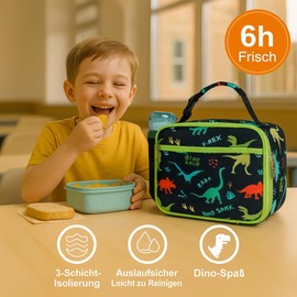 Bagseri Insulated Lunch Bag for Kids - Cute Cool Bag for Boys with Bottle Holder, Leakproof Lunch Box Waterproof Lunch Bag for Picnic Schools Black Dinosaur