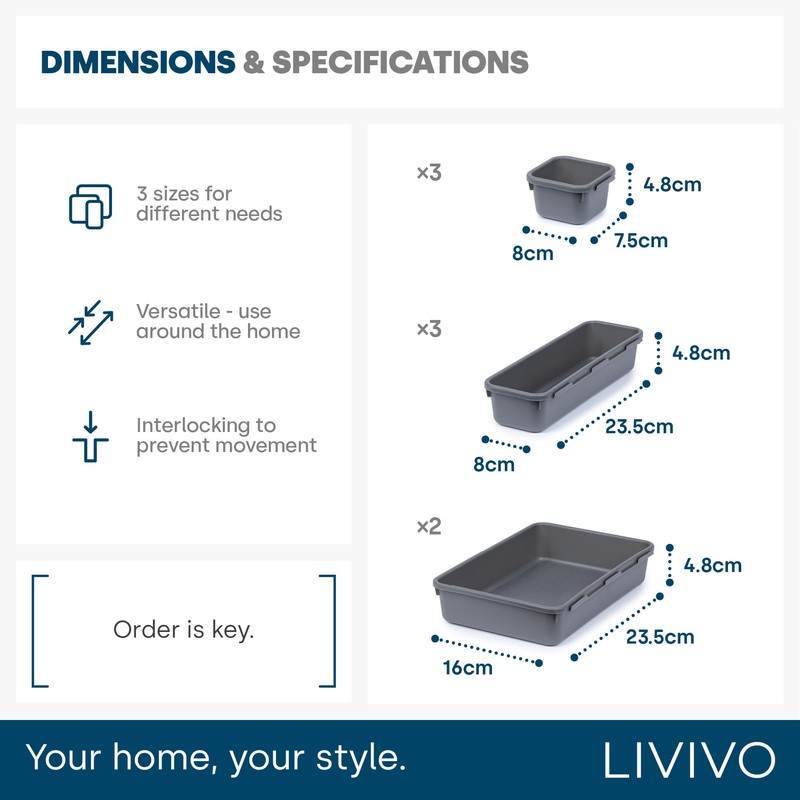 LIVIVO 8pc Interlocking Drawer Organiser and Dividers Plastic Desk and