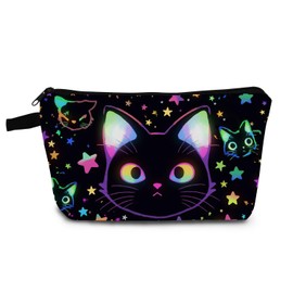 YULUENZE Neon Cat Presents Dazzling Cat Makeup Bag Cute Small Organizer Bag with Zipper Neon Black Kitten Print Cosmetic Bag Sparkling Birthday Presents for Cat Lovers Women Friends