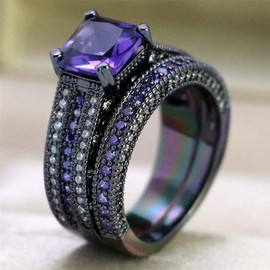 His and Hers Couple Rings Bridal Sets His Hers Women Black Gold Plated Purple Cz Man Tungsten Carbide Wedding Ring Band Set