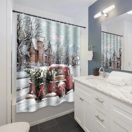 APROPHIC Christmas Shower Curtains for Bathroom, Red Truck, Christmas Tree, Farmhouse, Rustic Snowman, Vintage, Bathroom Decoration, Waterproof Fabric, Shower Curtain with Hooks, 182 x 182 cm