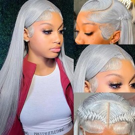 Silver Grey Lace Front Wigs Human Hair 13X6 Straight Hd Transparent Grey Lace Front Wig Human Hair Wear and Go Glueless Gray Wigs Human Hair Pre Plucked 26 Inch Colored hd Frontal Wigs for Black Women