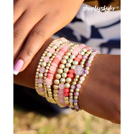 shopbyskyler 9PCS Gold Bracelets for Women Heart Stone Beaded Bracelets Gold Stretch Bracelets for Women 14K Real Gold Plated Stackable Bead Ball Bracelet Sets (Pink Gold-9PCS)