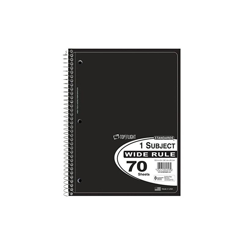 Top Flight Standards 1-Subject Notebook, 70 Sheets, Perforated, Wide Rule,