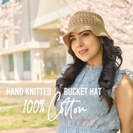CHARM Bucket Hat Crochet Hat Made of 100% Cotton, Bob Sun Hat Women, Handmade Knitted Hat & Crocheted Summer Hat, Hole Pattern Pot Hat Beret, beige, Unit size