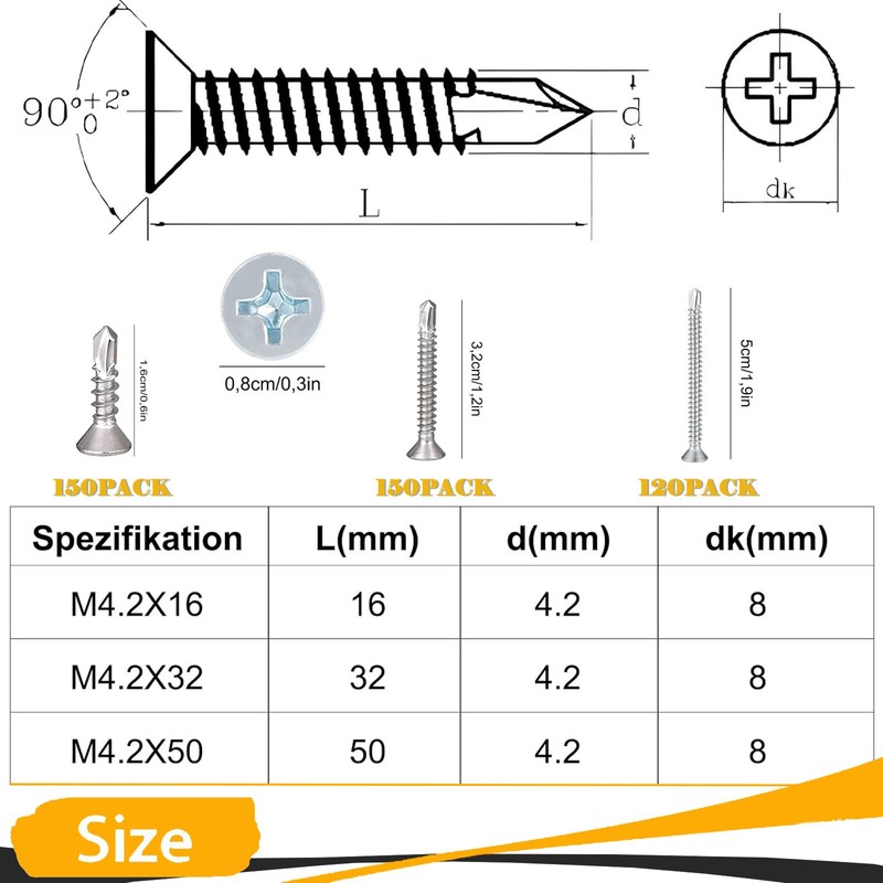 Pack of 150 Self Drilling Screws, M4.2 x 32 mm
