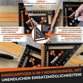 THORVALD 5-in-1 Carpenter's Square Protractor Try Square - Aluminium Angle with 180 mm Side Length for Precise Marking & Drawing/Multifunctional Christmas Gifts for Men