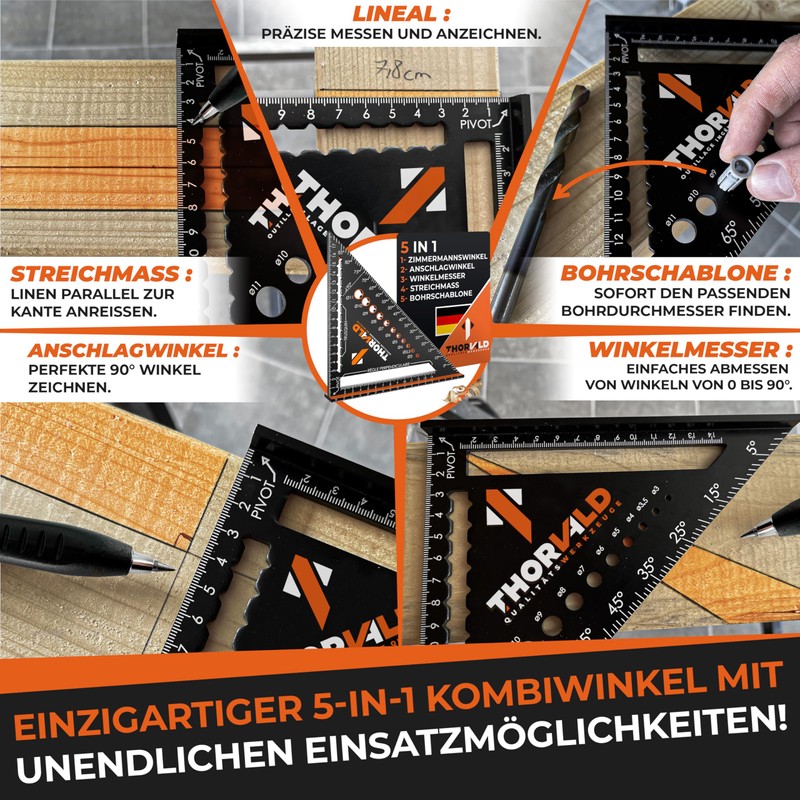 THORVALD 5-in-1 Carpenter's Square Protractor Try Square - Aluminium Angle