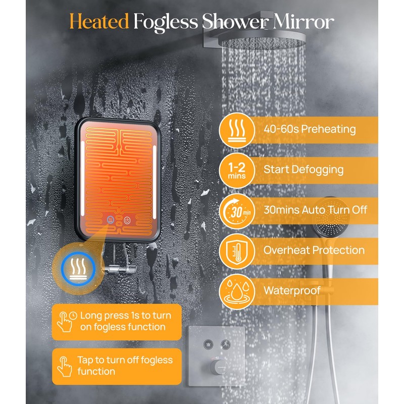 Gospire Heated Shower Mirror Fogless for Shaving with Light, Rechargeable