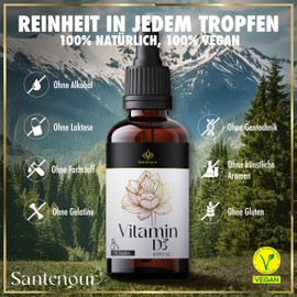 Santenour® Vitamin D3 Tropfen – 50ML – Hochdosiert mit 1000 I.E. pro Tropfen - Made in Germany – Vegan – Ohne Gelatine, Laktose, Gluten & Zusatzstoffe – Premium Nahrungsergänzungsmittel
