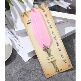 Gullor Calligraphy Feather Quill Pen and 5 Calligraphy Nibs for Beginners Kids Calligraphy Writing Quill Dip Pen Set, Pink