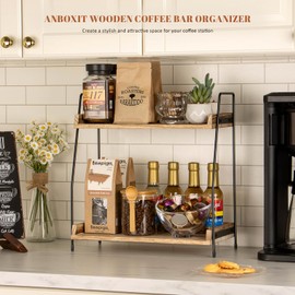 ANBOXIT Countertop Coffee Station Organizer, 2 Tier Wooden Shelf for Coffee Bar Accessories, Condiment Storage Caddy for Kitchen, Home, Office - Brown