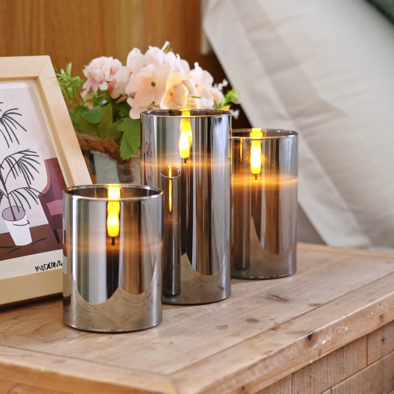 Homemory Grey Glass Flameless Candles, Battery Operated LED Pillar Candles