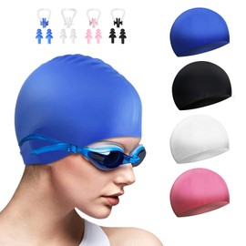 DECYOOL 4 Sets Silicone Swim Cap,Waterproof Swimming Cap with Silicone Nose Clip & Earplugs Cover Ears
