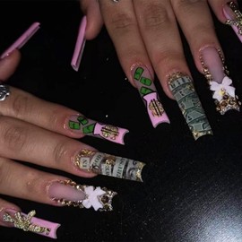 MISUD Press on Nails - Extra Long Square Glue on Nails with French Tip, Acrylic Dollar Money Design 24 pcs