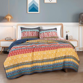 Chezmoi Collection Amara 2-Piece Boho Stripe Quilt Set - Floral Colorful Bohemian Printed Microfiber Lightweight Bedspread Set, Twin (70" x 90")