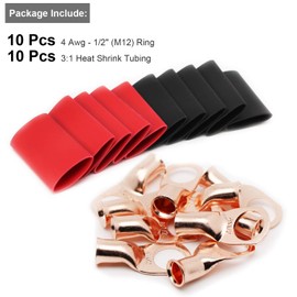 TKDMR 10pcs 4 AWG-1/2" Battery Lugs,with 10pcs 3:1 Heat Shrink Tubing,Battery Cable Ends,Heavy Duty Copper Wire Lugs,Tubular Ring Terminals,AWG Crimp Wire Ring Lugs,Battery Terminal Connectors