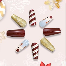 24 PCS Christmas Coffin Press on Nails Long French Fake Nails Snowman And Stripe Line Glue on Nails Red And Gold Full Cover Artificial Nails Winter Holiday Stick on Nails for Women