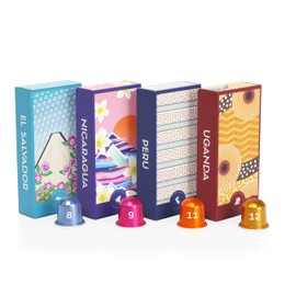 Atlas Coffee Club, Variety of Roasts Espresso Capsules Variety Pack, Compatible with Nespresso Original Machine. El Salvador, Nicaragua, Peru, Uganda - Intensity 8, 9, 11, 12. 40 count (4 boxes of 10 pods)