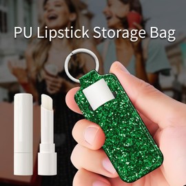 PLKTJOSA Chapstick Keychain Holder for Teens, Mini Lip Balm Pouch with Clip - Fun Stocking Stuffers(Green Glitter Sparkle)