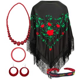 MANTONDEMANILA.COM Scarf and Accessories Set - Embroidered Scarf with Accessories Flamingo Style and Embroidered Bracelet for Popular Parties and Events, Black, green and red flowers