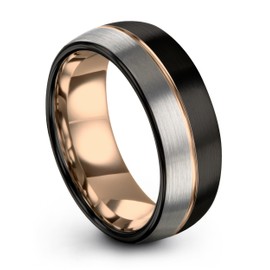 Midnight Rose Collection Tungsten Wedding Band Ring 8mm for Men Women 18k Rose Gold Grey Plated Dome Black Brushed Polished Size 9