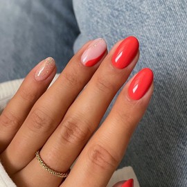 SWEKKE Short Almond Press-On Nails - Fake Glitter Gradient Swirl Glossy Acrylic Nails With Designs - Glue-On Stick-On False Nails for Women Girls - 24 Pcs