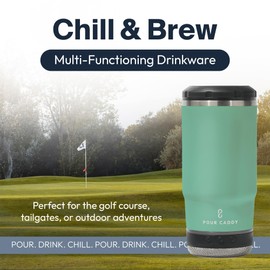 Pour Caddy Chill & Brew, Insulated Can & Bottle Holder, Bluetooth Cup with Speaker, Fits 12 oz Cans, Skinny Cans, Most Bottles & Cold Drinks, Seafoam