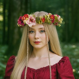 KorViSHOW Red Rose Flower Headband, Adjustable Boho Bridal Floral Crown Headpiece, Fairy Forest Flower Crown for Women Girls Renaissance Birthday Bride Wedding Festivals Party Hair Accessories