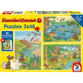 Schmidt Spiele 56413 Mouse and Bear Trak, Travel into Nature, 3 x 48 Pieces Children's Puzzle with Knowledge Book, Colourful
