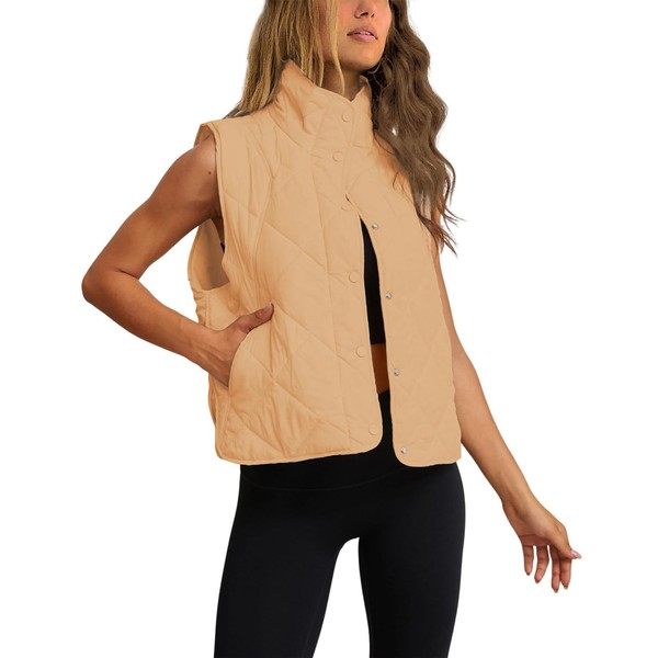 Bufushaoh Women's Quilted Puffer Vest Cropped Stand Collar Button Down