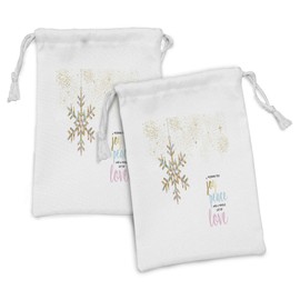 Ambesonne Joy Fabric Pouch Set of 2, Christmas Pattern with Polygonal Snowflake with Peace Love Words Ornate, Small Drawstring Bag for Toiletries Masks and Favors, 9" x 6", Pale Pink Pale Blue