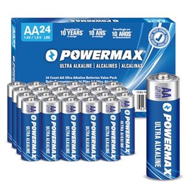 Powermax - Paquete de 24 pilas AA, batería alcalina de ultra larga duración, vida útil de 10 años, embalaje resellable