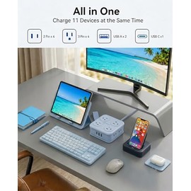 ORICO Regleta Multicontacto de Viaje con Enchufe Plano, Extensión Eléctrica de 1.5 m, 8 Salidas + 3 Puertos USB (1 USB-C), Estación de Carga Portátil 