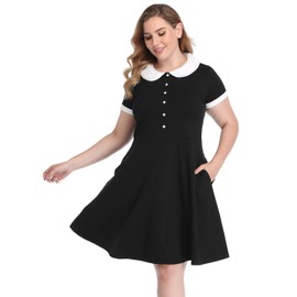 HDE Plus Size Peter Pan Collar Dress Fit and Flare Collared Casual Skater Dress Black