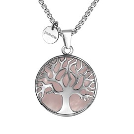 JADENOVA Family Tree Necklace Tree of Life Natural Rose Quartz Gemstone Crystal Pendant Necklace 24 Inches Stainless Steel Chain