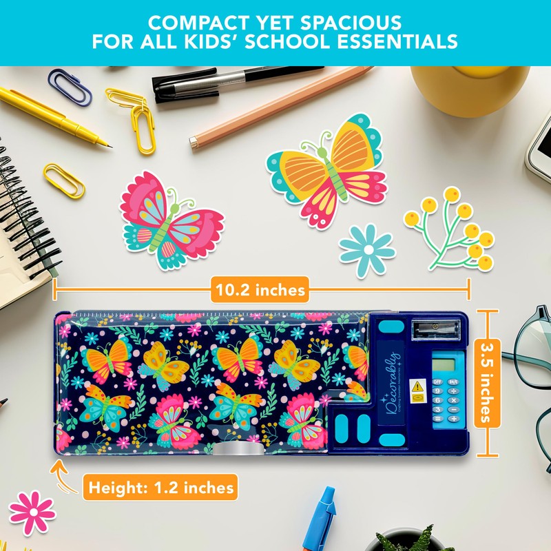 Decorably Multifunctional Butterfly Pop Up Pencil Case with Calculator, Sharpener,
